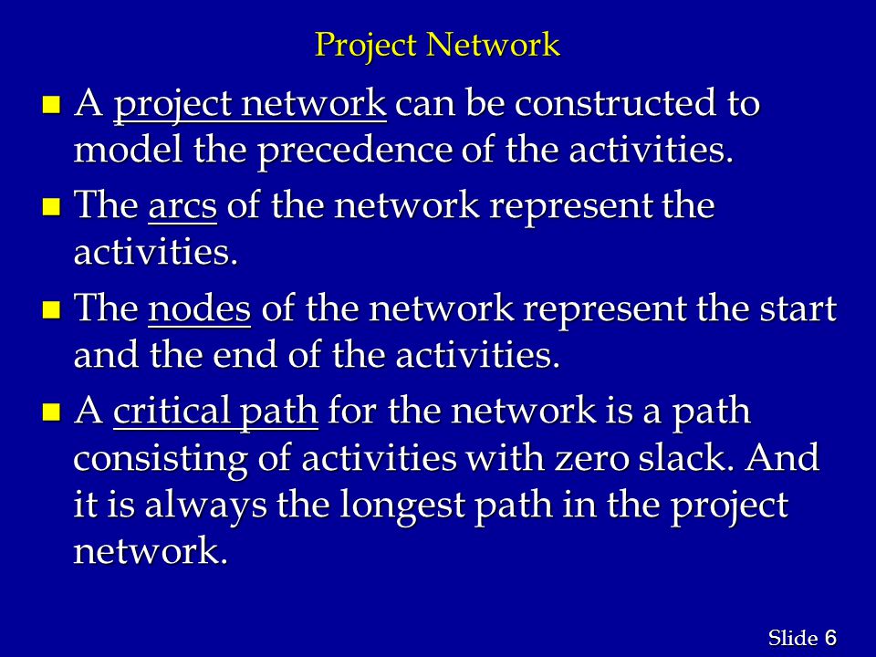 6 6 Slide Project Network n A project network can be constructed to model the precedence of the activities.