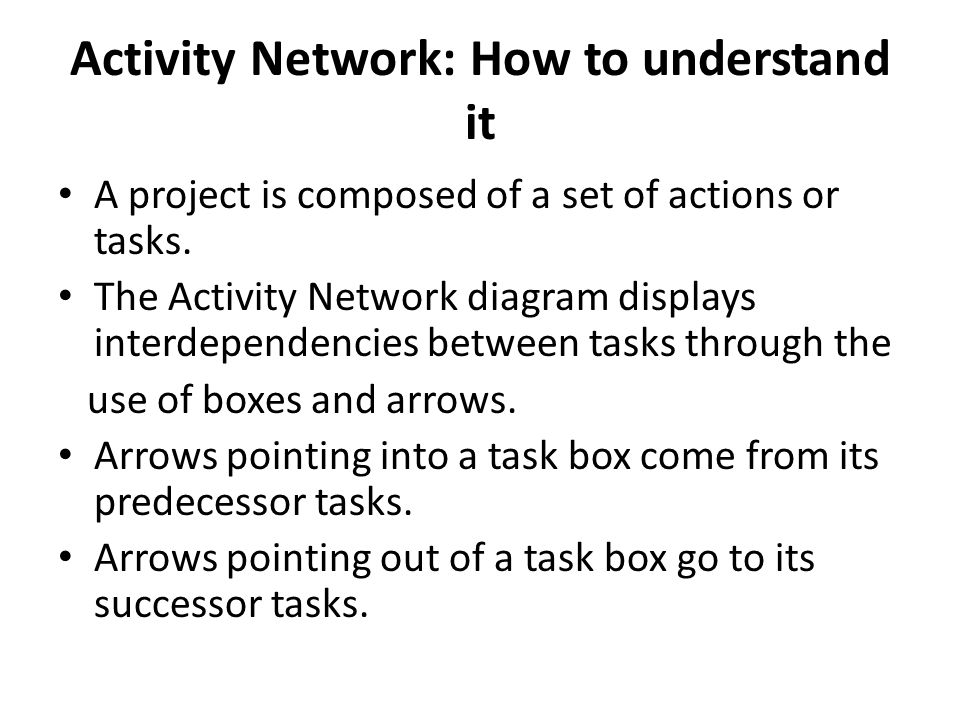 Activity Network: How to understand it A project is composed of a set of actions or tasks.