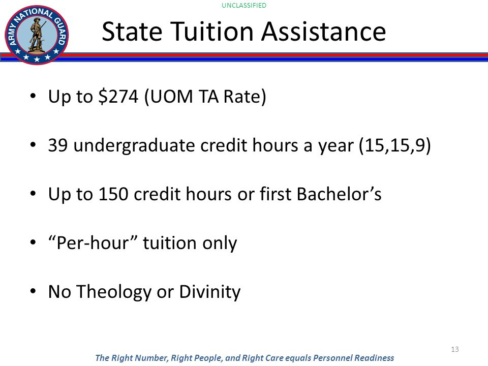 UNCLASSIFIED The Right Number, Right People, and Right Care equals Personnel Readiness State Tuition Assistance Up to $274 (UOM TA Rate) 39 undergraduate credit hours a year (15,15,9) Up to 150 credit hours or first Bachelor’s Per-hour tuition only No Theology or Divinity 13
