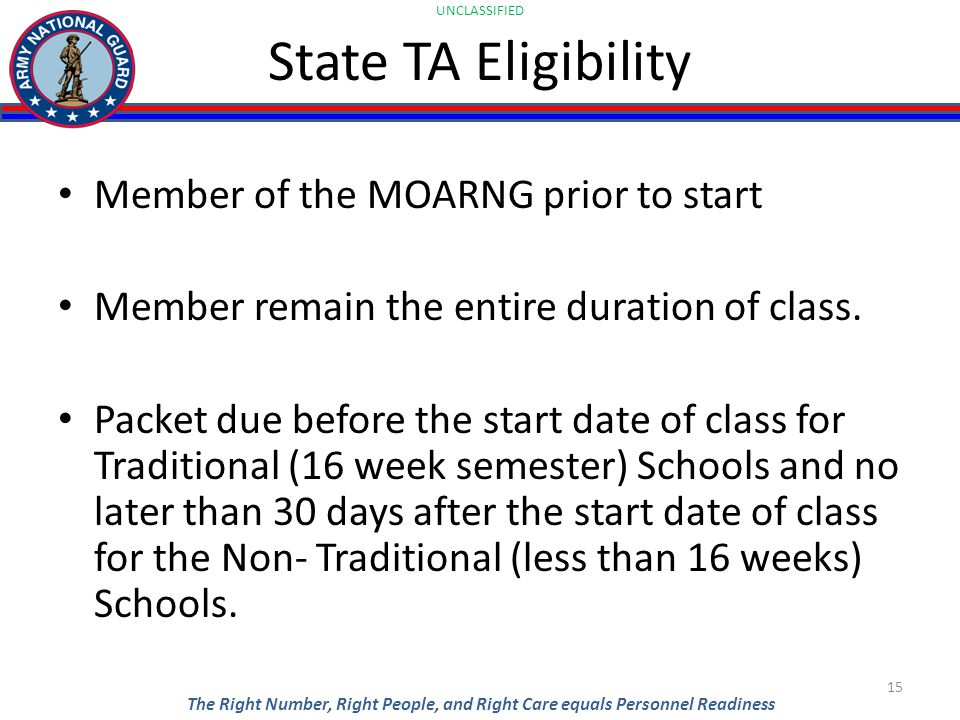 UNCLASSIFIED The Right Number, Right People, and Right Care equals Personnel Readiness State TA Eligibility Member of the MOARNG prior to start Member remain the entire duration of class.