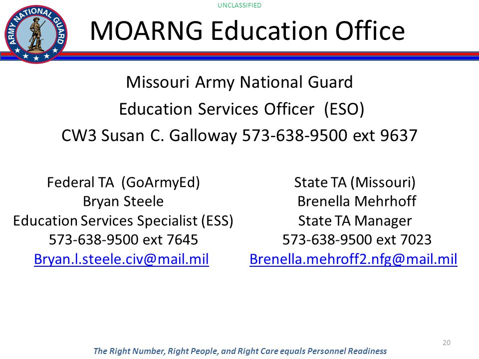 UNCLASSIFIED The Right Number, Right People, and Right Care equals Personnel Readiness MOARNG Education Office Missouri Army National Guard Education Services Officer (ESO) CW3 Susan C.