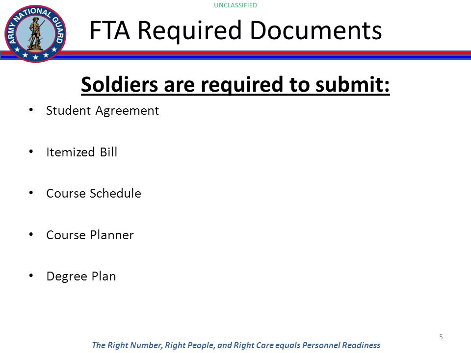 UNCLASSIFIED The Right Number, Right People, and Right Care equals Personnel Readiness Soldiers are required to submit: Student Agreement Itemized Bill Course Schedule Course Planner Degree Plan 5 FTA Required Documents