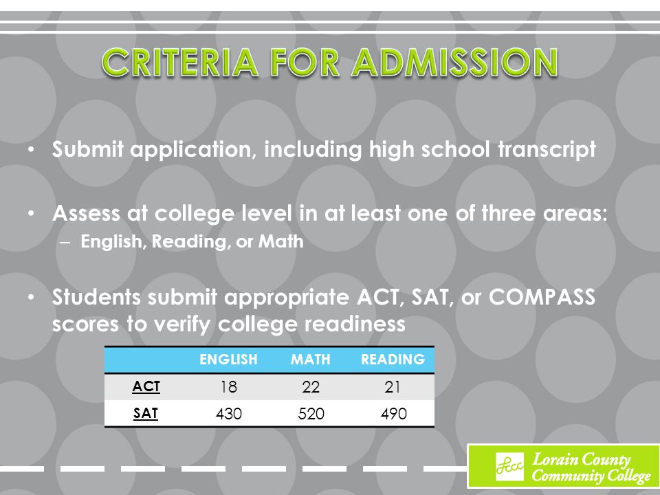 Submit application, including high school transcript Assess at college level in at least one of three areas: – English, Reading, or Math Students submit appropriate ACT, SAT, or COMPASS scores to verify college readiness ENGLISHMATHREADING ACT SAT