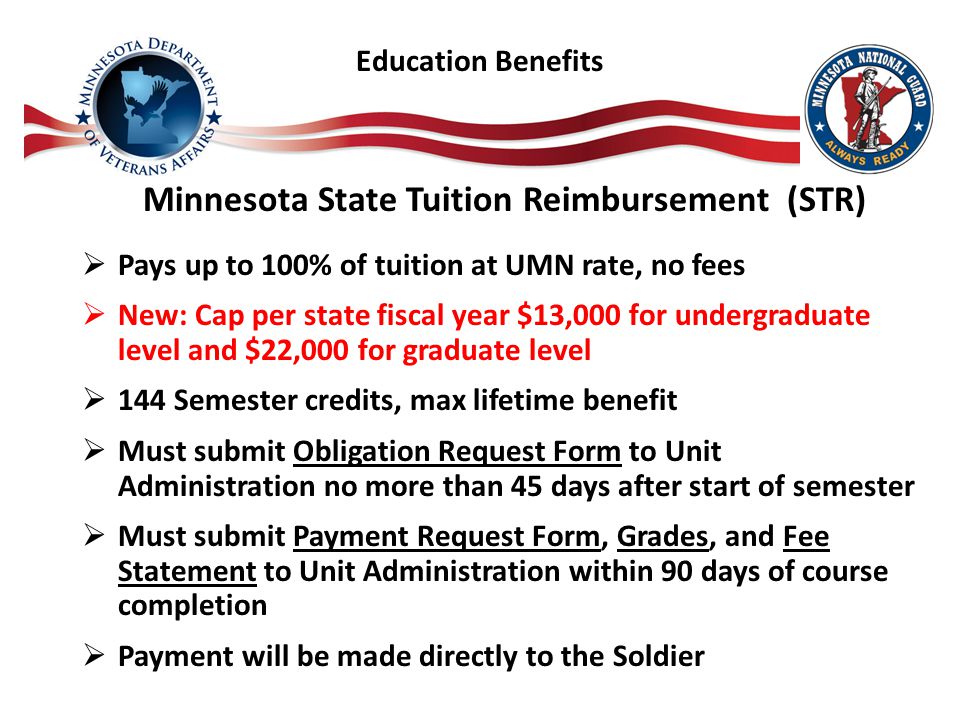 Minnesota State Tuition Reimbursement (STR)  Pays up to 100% of tuition at UMN rate, no fees  New: Cap per state fiscal year $13,000 for undergraduate level and $22,000 for graduate level  144 Semester credits, max lifetime benefit  Must submit Obligation Request Form to Unit Administration no more than 45 days after start of semester  Must submit Payment Request Form, Grades, and Fee Statement to Unit Administration within 90 days of course completion  Payment will be made directly to the Soldier Education Benefits