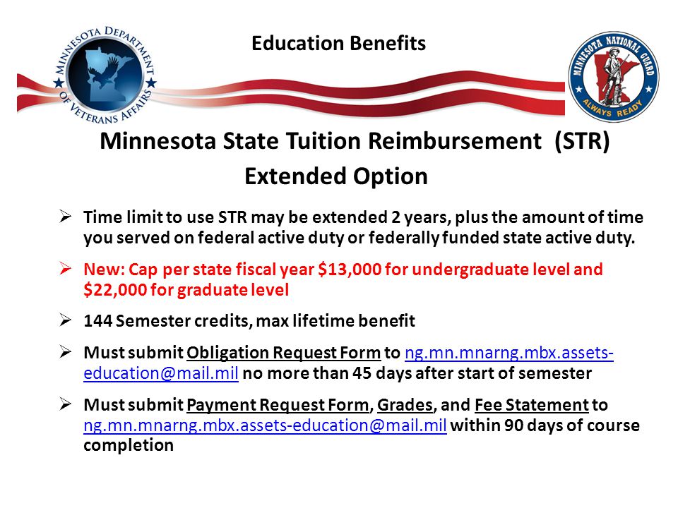 Minnesota State Tuition Reimbursement (STR) Extended Option  Time limit to use STR may be extended 2 years, plus the amount of time you served on federal active duty or federally funded state active duty.