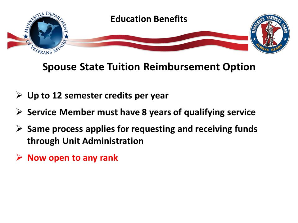 Spouse State Tuition Reimbursement Option  Up to 12 semester credits per year  Service Member must have 8 years of qualifying service  Same process applies for requesting and receiving funds through Unit Administration  Now open to any rank Education Benefits