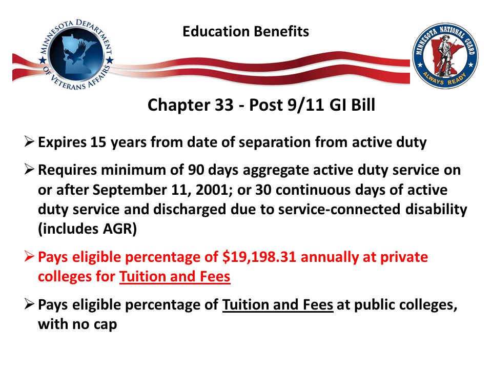 Chapter 33 - Post 9/11 GI Bill  Expires 15 years from date of separation from active duty  Requires minimum of 90 days aggregate active duty service on or after September 11, 2001; or 30 continuous days of active duty service and discharged due to service-connected disability (includes AGR)  Pays eligible percentage of $19, annually at private colleges for Tuition and Fees  Pays eligible percentage of Tuition and Fees at public colleges, with no cap Education Benefits