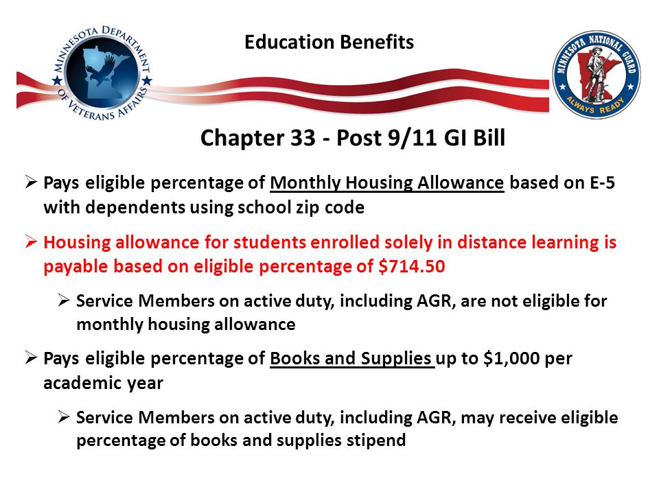 Chapter 33 - Post 9/11 GI Bill  Pays eligible percentage of Monthly Housing Allowance based on E-5 with dependents using school zip code  Housing allowance for students enrolled solely in distance learning is payable based on eligible percentage of $  Service Members on active duty, including AGR, are not eligible for monthly housing allowance  Pays eligible percentage of Books and Supplies up to $1,000 per academic year  Service Members on active duty, including AGR, may receive eligible percentage of books and supplies stipend Education Benefits