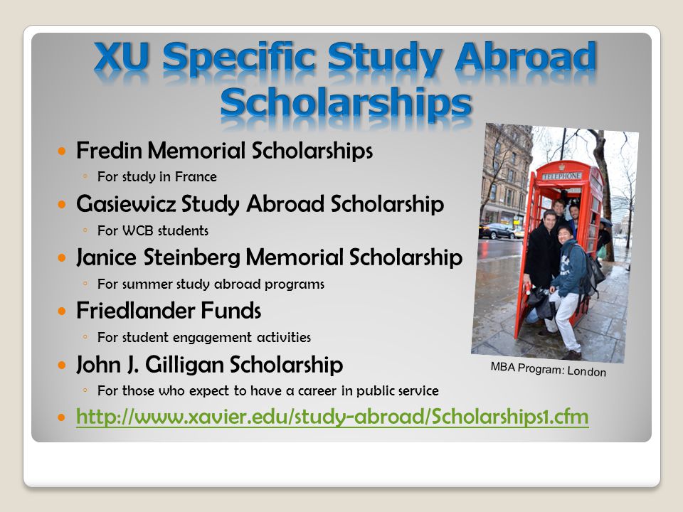 Fredin Memorial Scholarships ◦ For study in France Gasiewicz Study Abroad Scholarship ◦ For WCB students Janice Steinberg Memorial Scholarship ◦ For summer study abroad programs Friedlander Funds ◦ For student engagement activities John J.