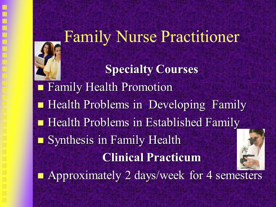 Family Nurse Practitioner Specialty Courses n Family Health Promotion n Health Problems in Developing Family n Health Problems in Established Family n Synthesis in Family Health Clinical Practicum n Approximately 2 days/week for 4 semesters