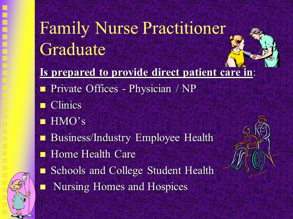 Family Nurse Practitioner Graduate Is prepared to provide direct patient care in: n Private Offices - Physician / NP n Clinics n HMO’s n Business/Industry Employee Health n Home Health Care n Schools and College Student Health n Nursing Homes and Hospices