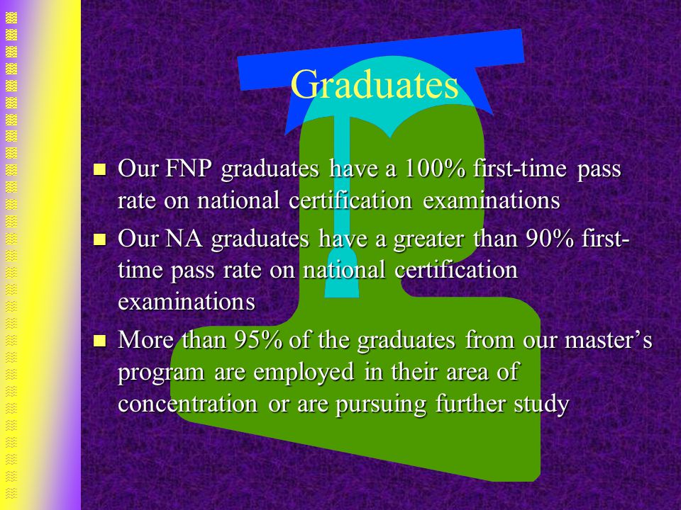 Graduates n Our FNP graduates have a 100% first-time pass rate on national certification examinations n Our NA graduates have a greater than 90% first- time pass rate on national certification examinations n More than 95% of the graduates from our master’s program are employed in their area of concentration or are pursuing further study
