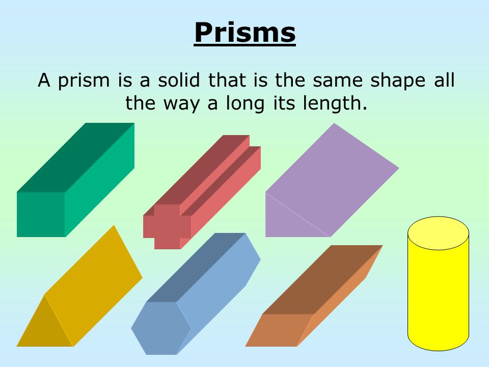 Prisms A prism is a solid that is the same shape all the way a long its length.