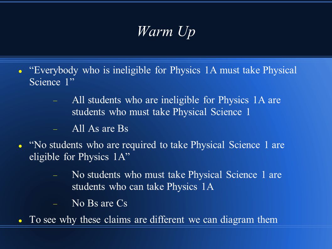 Warm Up Everybody who is ineligible for Physics 1A must take Physical Science 1  All students who are ineligible for Physics 1A are students who must take Physical Science 1  All As are Bs No students who are required to take Physical Science 1 are eligible for Physics 1A  No students who must take Physical Science 1 are students who can take Physics 1A  No Bs are Cs To see why these claims are different we can diagram them