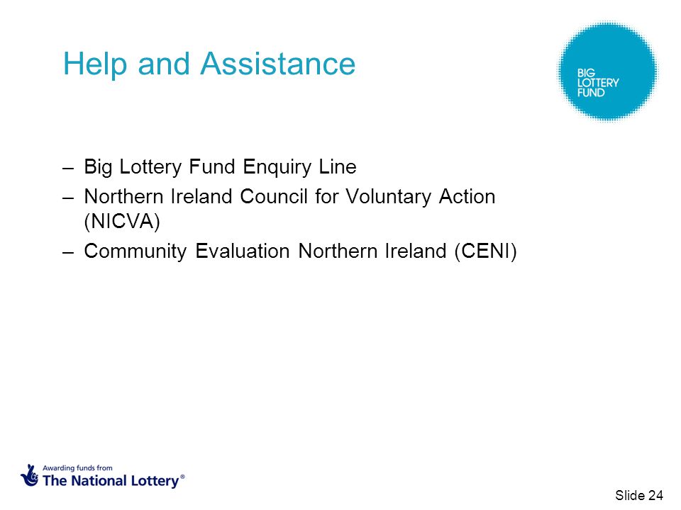 Help and Assistance –Big Lottery Fund Enquiry Line –Northern Ireland Council for Voluntary Action (NICVA) –Community Evaluation Northern Ireland (CENI) Slide 24