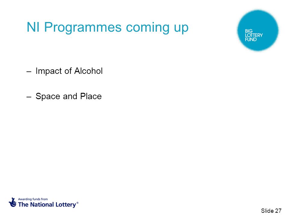 NI Programmes coming up –Impact of Alcohol –Space and Place Slide 27