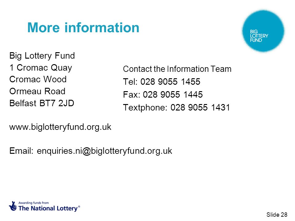 Slide 28 More information Big Lottery Fund 1 Cromac Quay Cromac Wood Ormeau Road Belfast BT7 2JD     Contact the Information Team Tel: Fax: Textphone: