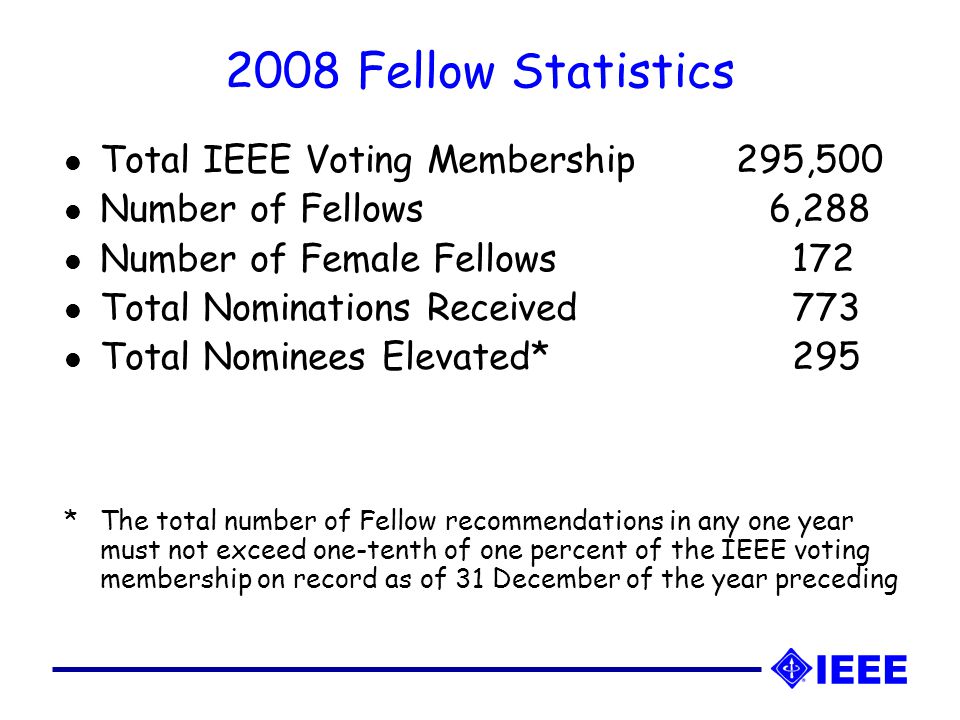 2008 Fellow Statistics l Total IEEE Voting Membership295,500 l Number of Fellows 6,288 l Number of Female Fellows 172 l Total Nominations Received 773 l Total Nominees Elevated* 295 *The total number of Fellow recommendations in any one year must not exceed one-tenth of one percent of the IEEE voting membership on record as of 31 December of the year preceding