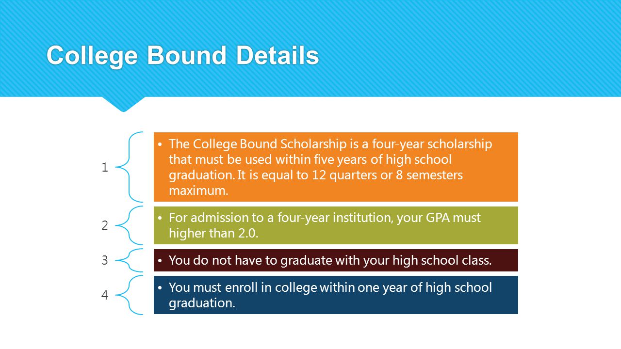 College Bound Details 1 The College Bound Scholarship is a four-year scholarship that must be used within five years of high school graduation.
