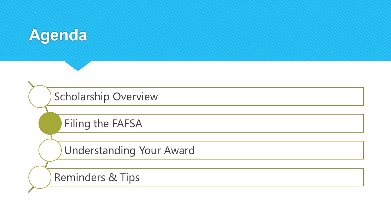 Agenda Scholarship Overview Filing the FAFSA Understanding Your Award Reminders & Tips