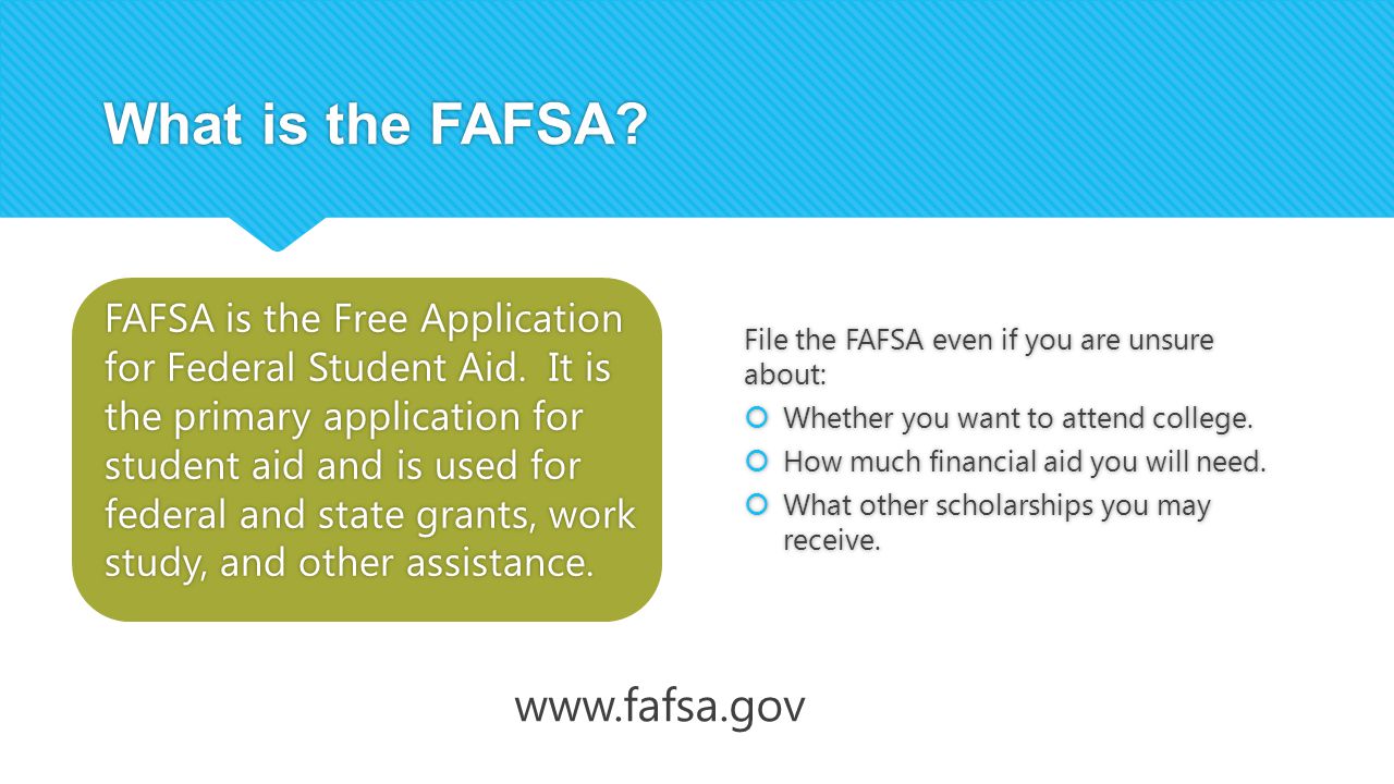What is the FAFSA. FAFSA is the Free Application for Federal Student Aid.
