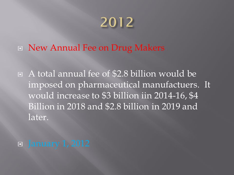  New Annual Fee on Drug Makers  A total annual fee of $2.8 billion would be imposed on pharmaceutical manufactuers.