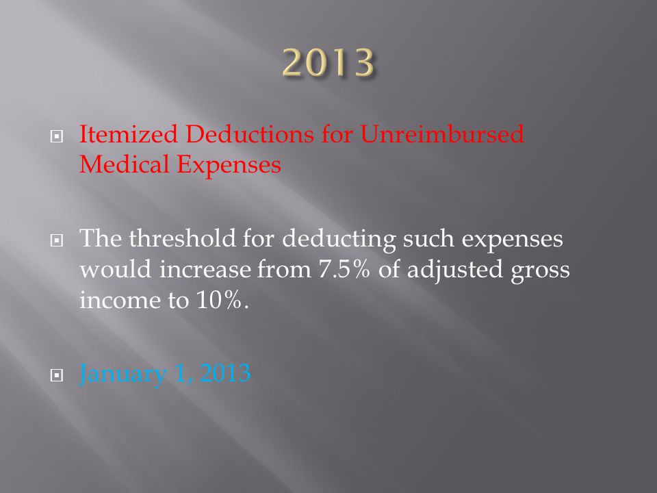  Itemized Deductions for Unreimbursed Medical Expenses  The threshold for deducting such expenses would increase from 7.5% of adjusted gross income to 10%.