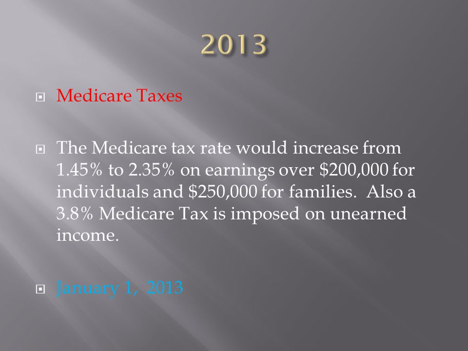 Medicare Taxes  The Medicare tax rate would increase from 1.45% to 2.35% on earnings over $200,000 for individuals and $250,000 for families.