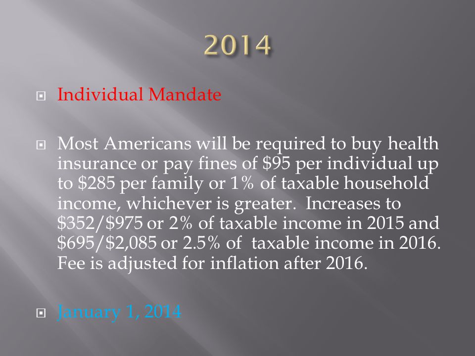  Individual Mandate  Most Americans will be required to buy health insurance or pay fines of $95 per individual up to $285 per family or 1% of taxable household income, whichever is greater.