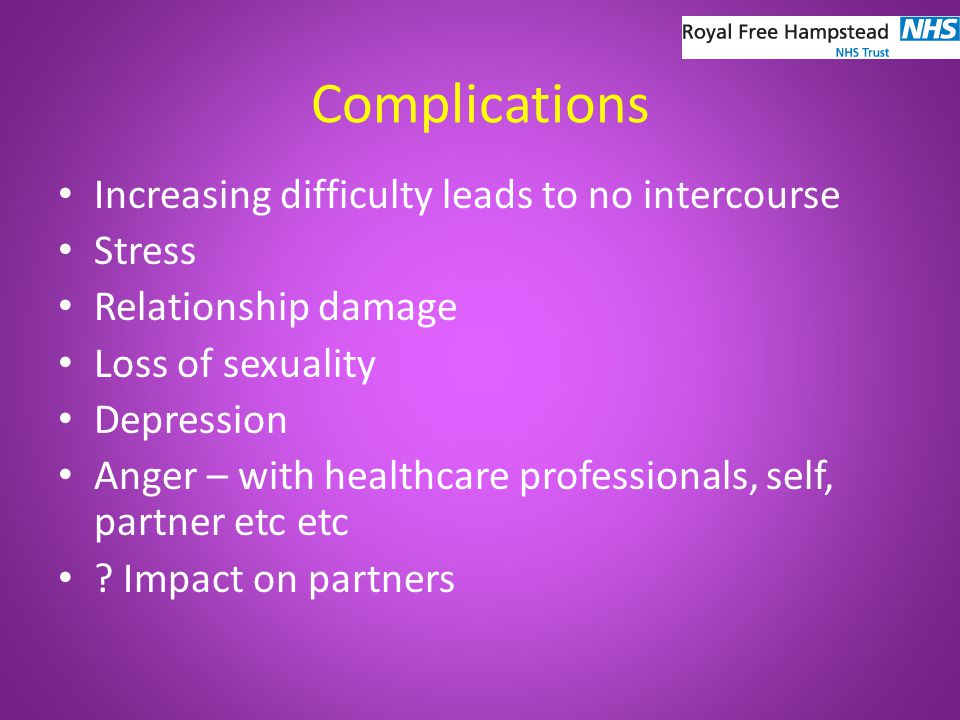 Complications Increasing difficulty leads to no intercourse Stress Relationship damage Loss of sexuality Depression Anger – with healthcare professionals, self, partner etc etc .