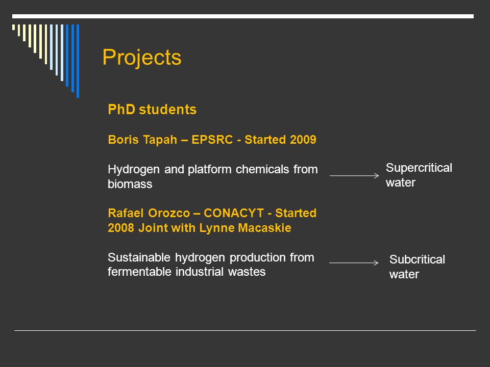 Projects PhD students Boris Tapah – EPSRC - Started 2009 Hydrogen and platform chemicals from biomass Rafael Orozco – CONACYT - Started 2008 Joint with Lynne Macaskie Sustainable hydrogen production from fermentable industrial wastes Supercritical water Subcritical water