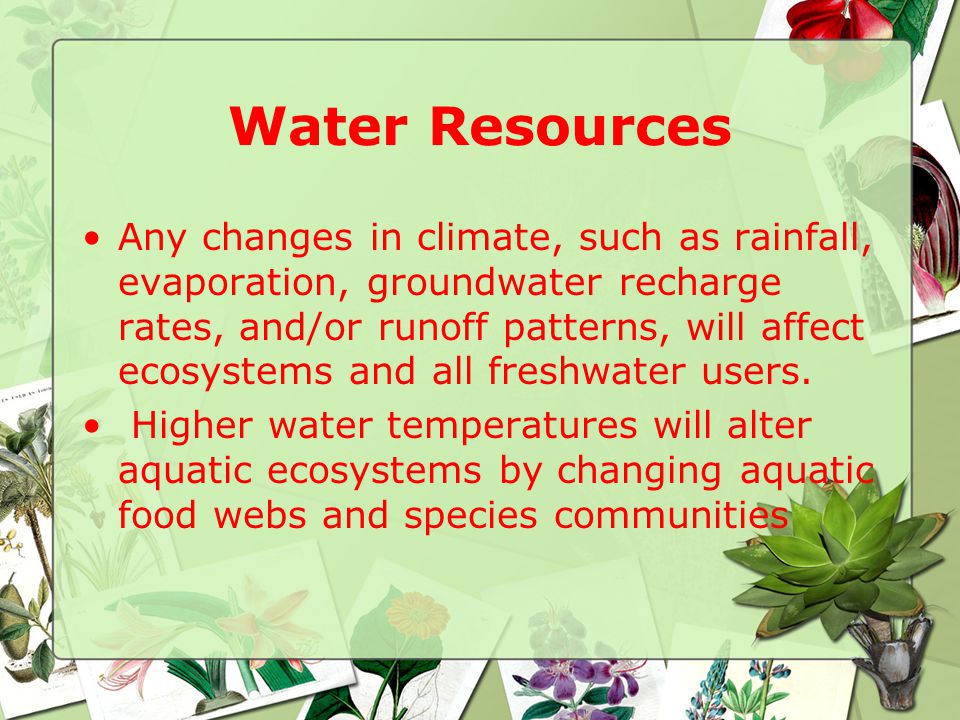 Water Resources Any changes in climate, such as rainfall, evaporation, groundwater recharge rates, and/or runoff patterns, will affect ecosystems and all freshwater users.