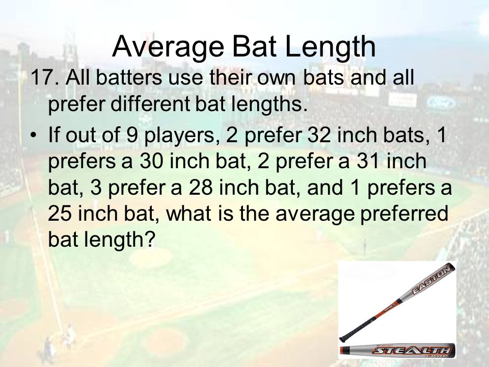 Average Bat Length 17. All batters use their own bats and all prefer different bat lengths.