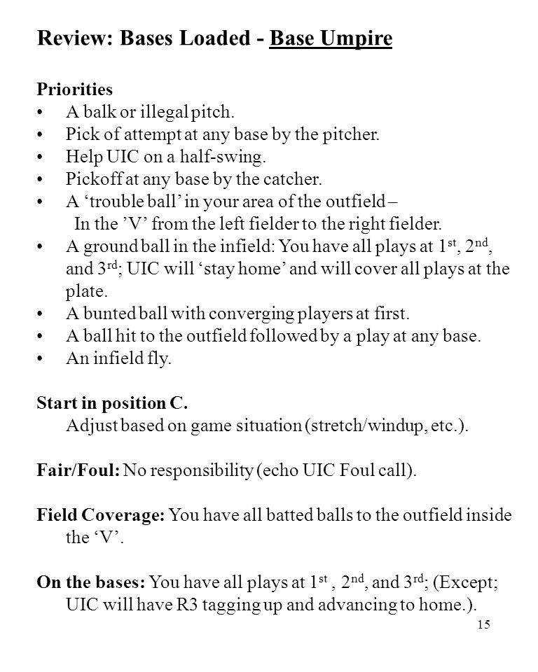 15 Review: Bases Loaded - Base Umpire Priorities A balk or illegal pitch.