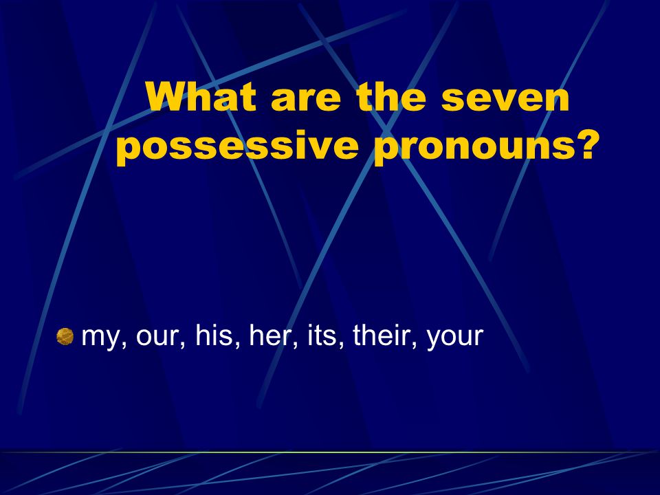 What are the seven possessive pronouns my, our, his, her, its, their, your
