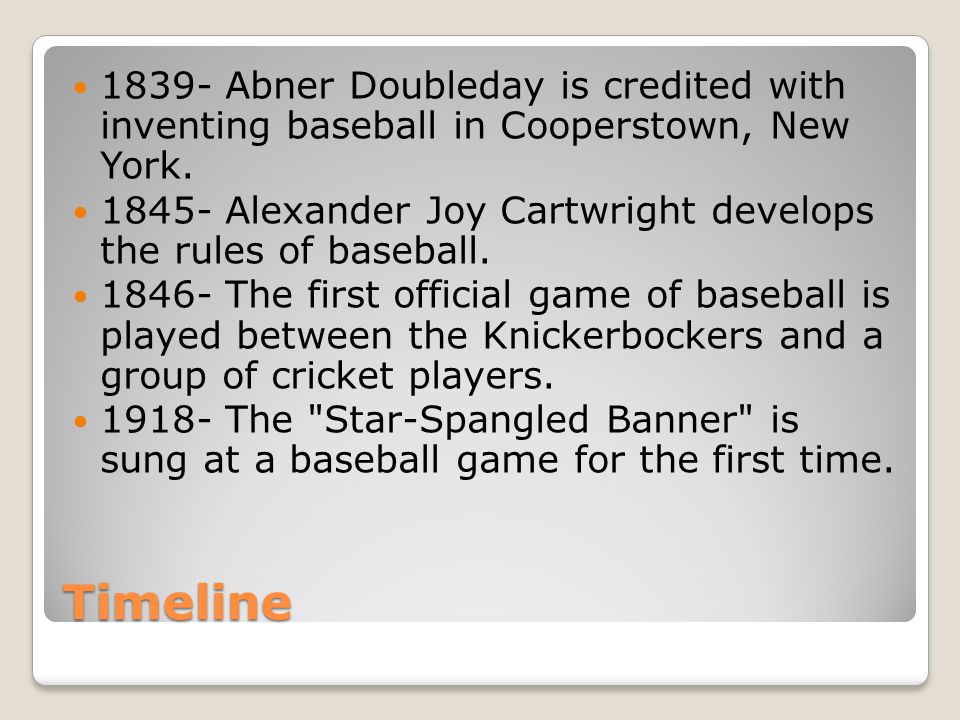 Timeline Abner Doubleday is credited with inventing baseball in Cooperstown, New York.