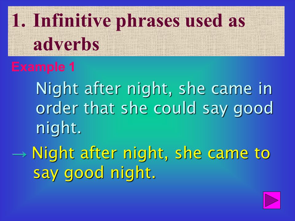 1.Infinitive phrases used as adverbsInfinitive phrases used as adverbs 2.