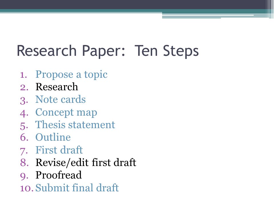 Research Paper: Ten Steps 1.Propose a topic 2.Research 3.Note cards 4.Concept map 5.Thesis statement 6.Outline 7.First draft 8.Revise/edit first draft 9.Proofread 10.Submit final draft