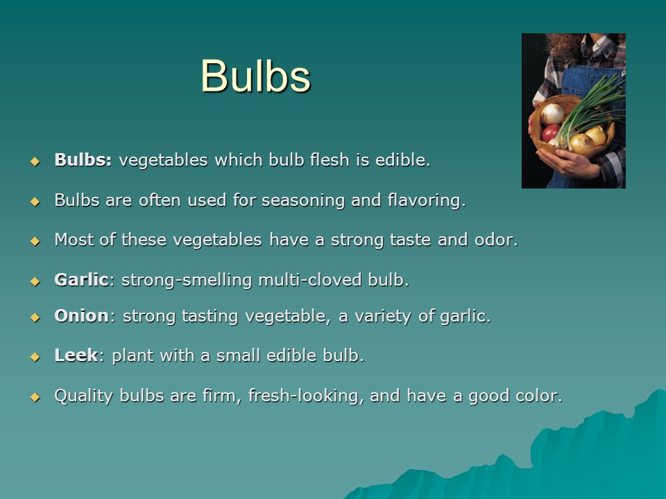 Bulbs  Bulbs: vegetables which bulb flesh is edible.