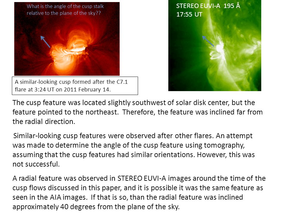 The cusp feature was located slightly southwest of solar disk center, but the feature pointed to the northeast.
