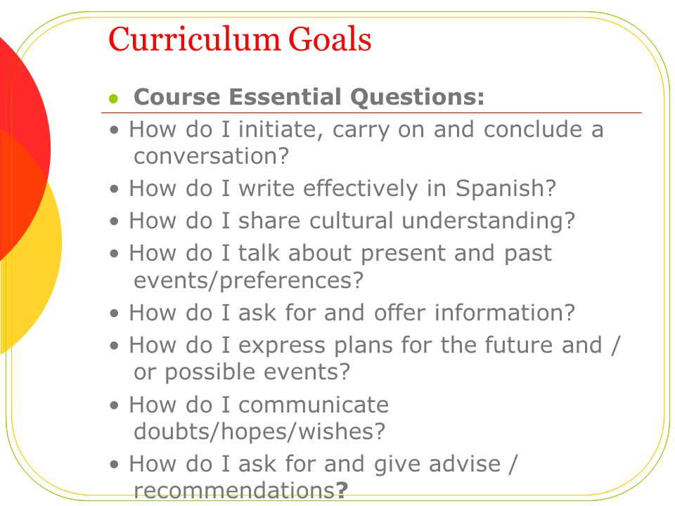 Curriculum Goals Course Essential Questions: How do I initiate, carry on and conclude a conversation.
