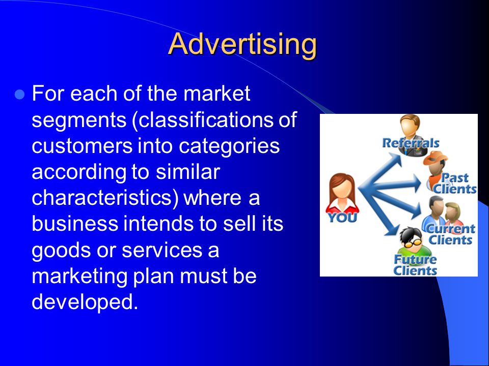 Advertising For each of the market segments (classifications of customers into categories according to similar characteristics) where a business intends to sell its goods or services a marketing plan must be developed.