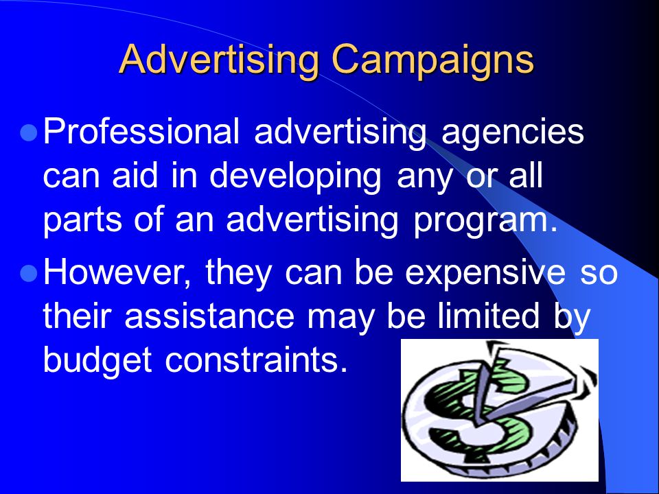 Advertising Campaigns Professional advertising agencies can aid in developing any or all parts of an advertising program.