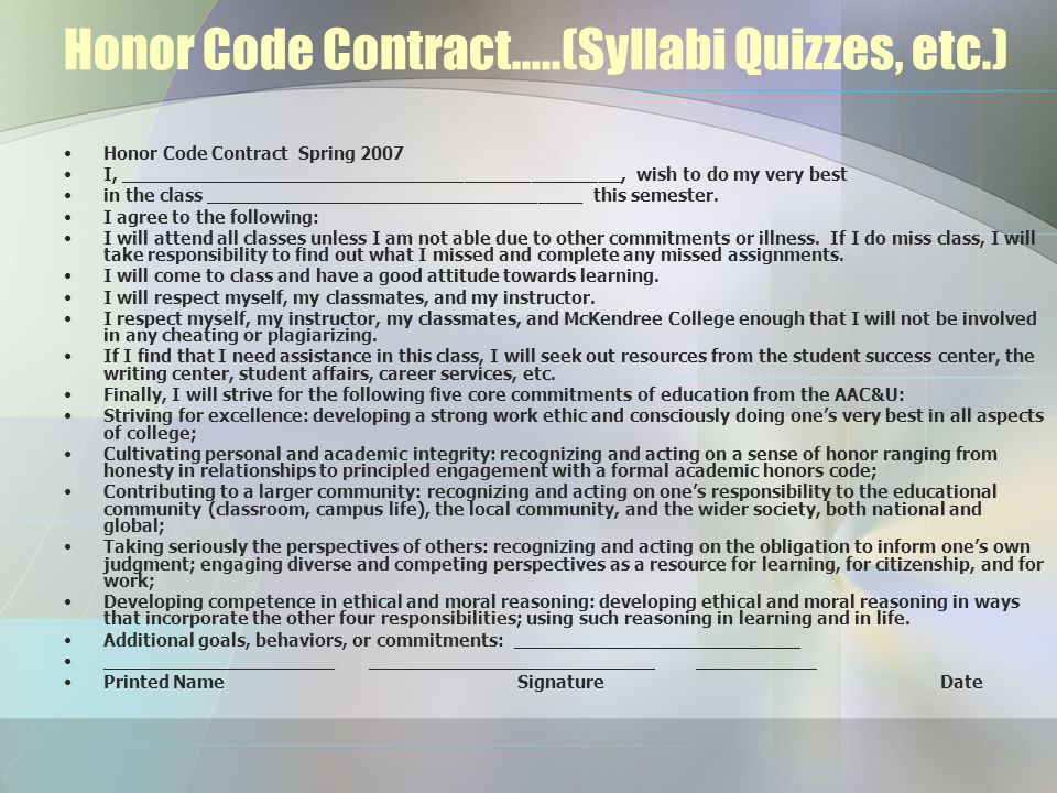 Honor Code Contract…..(Syllabi Quizzes, etc.) Honor Code Contract Spring 2007 I, _____________________________________________, wish to do my very best in the class __________________________________ this semester.