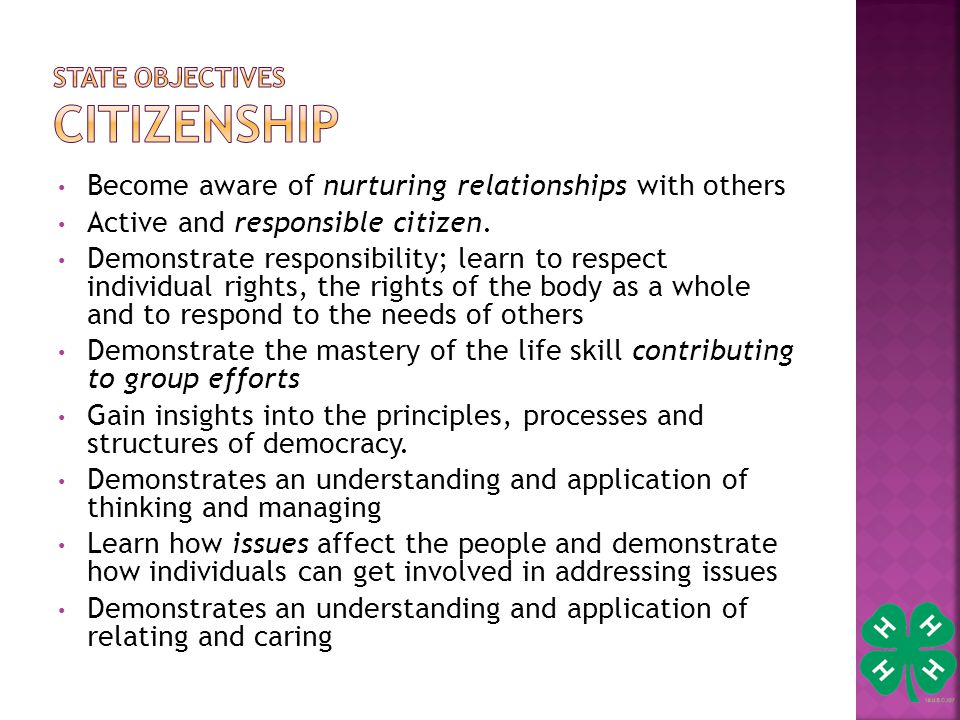 Become aware of nurturing relationships with others Active and responsible citizen.