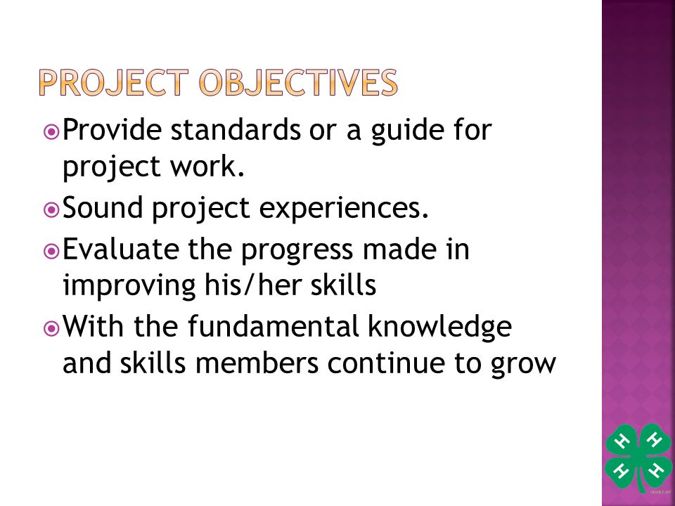  Provide standards or a guide for project work.  Sound project experiences.