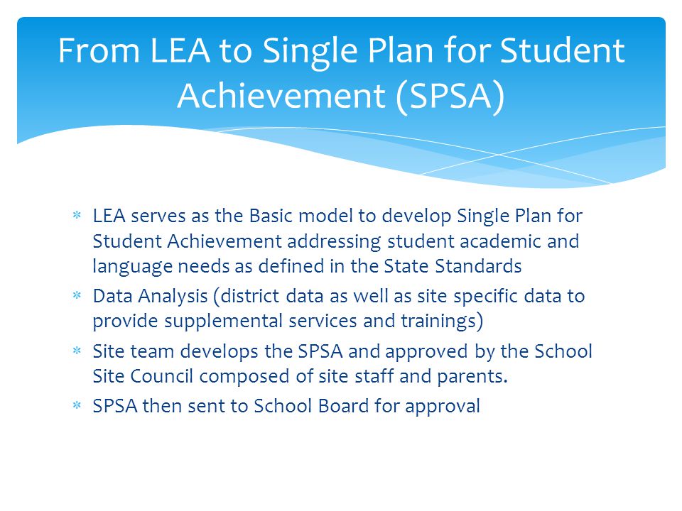  LEA serves as the Basic model to develop Single Plan for Student Achievement addressing student academic and language needs as defined in the State Standards  Data Analysis (district data as well as site specific data to provide supplemental services and trainings)  Site team develops the SPSA and approved by the School Site Council composed of site staff and parents.