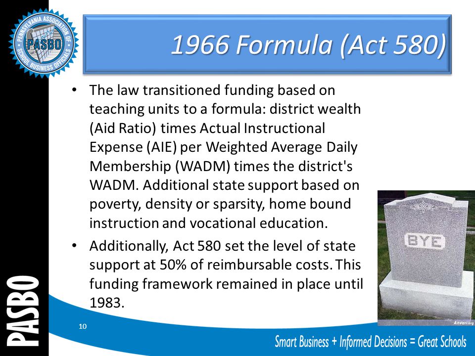 1966 Formula (Act 580) The law transitioned funding based on teaching units to a formula: district wealth (Aid Ratio) times Actual Instructional Expense (AIE) per Weighted Average Daily Membership (WADM) times the district s WADM.