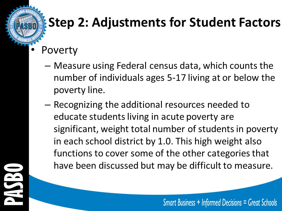 Step 2: Adjustments for Student Factors Poverty – Measure using Federal census data, which counts the number of individuals ages 5-17 living at or below the poverty line.