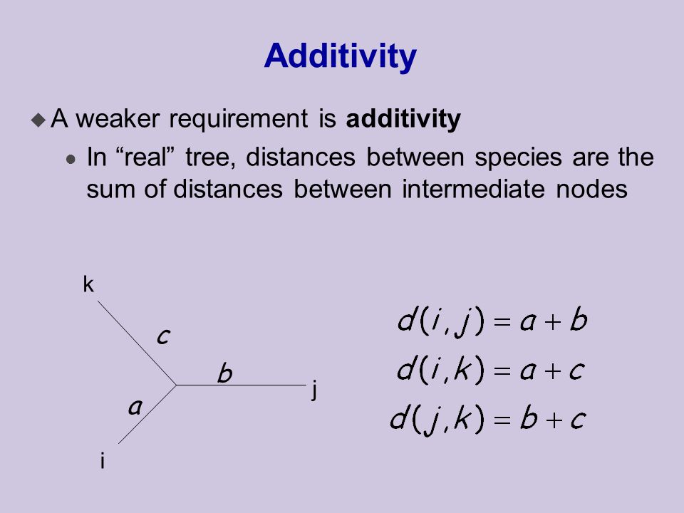 Additivity u A weaker requirement is additivity l In real tree, distances between species are the sum of distances between intermediate nodes a b c i j k